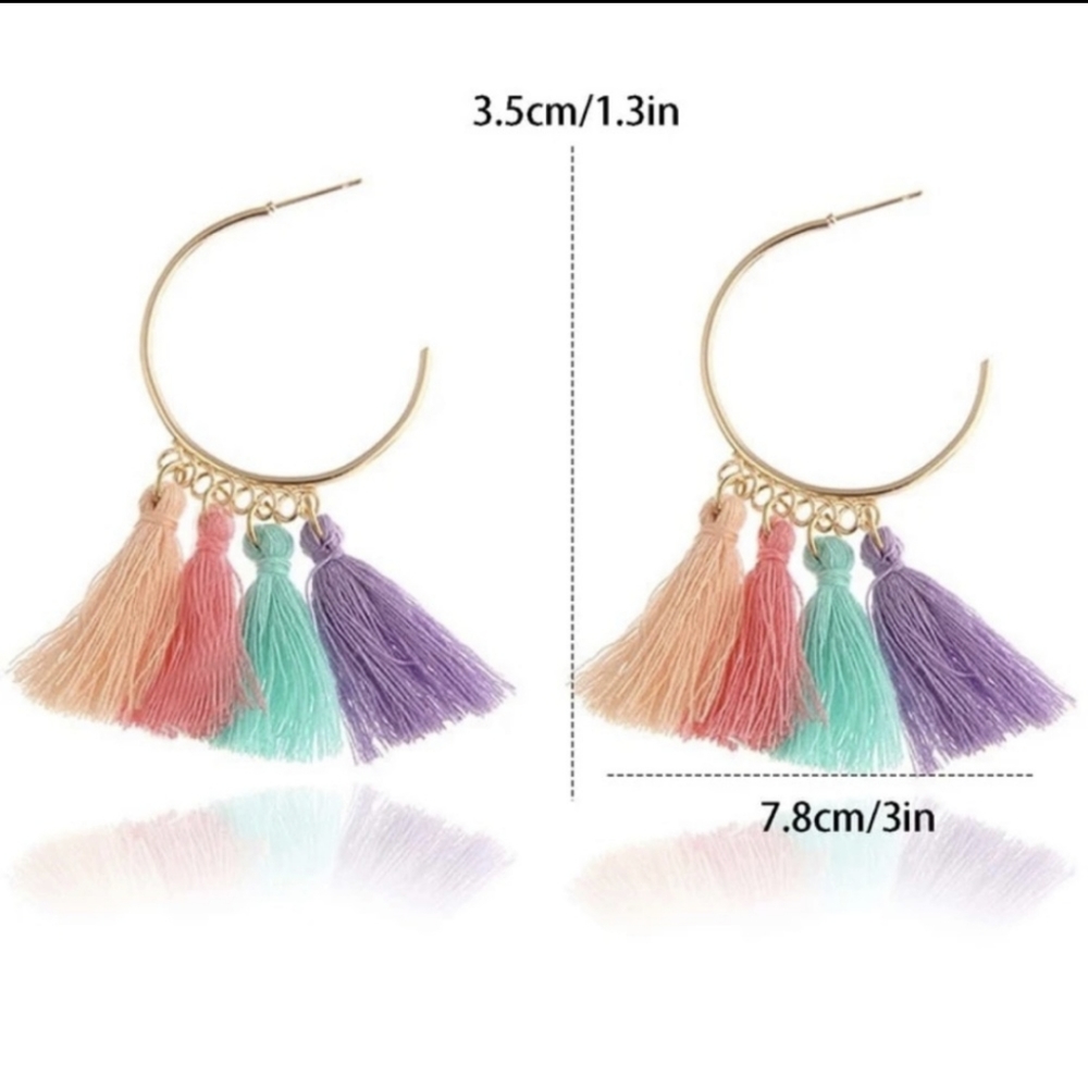 Colorful Boho Tassel Cuff Hoop Earrings - Picture 2 of 4
